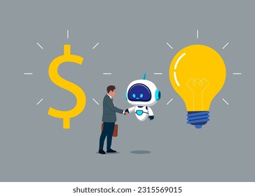 Businessman and robot with artificial intelligence shaking hands.  Financial investments in creative projects and into innovation. Flat vector illustration.