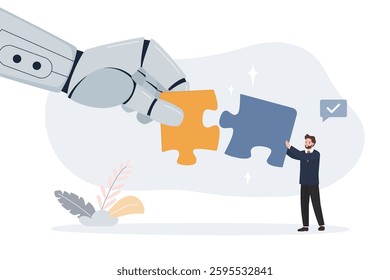 Businessman and robot collecting jigsaw puzzles look for business problem solution together. Humans and bot with AI work search for decisions. Collaboration, connection with new technologies. vector