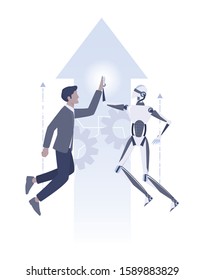 Businessman and robot communication idea. Human and AI working together and succeeding. Human and artificial intellect high five. Vector illustration in cartoon style