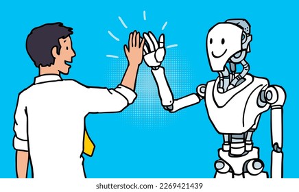 Businessman and robot communication idea. Humans and AI work together and succeed. Human and artificial intellect high five. Vector illustration in a draw, sketch, and doodle style.