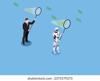 Businessman and robot competing to catch money isometric 3d vector illustration concept for banner, website, illustration, landing page, flyer, etc