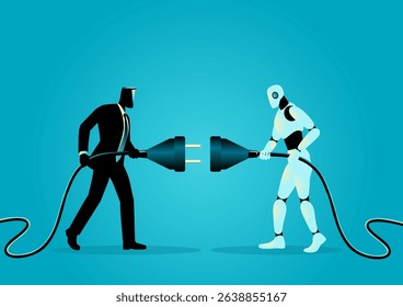 Businessman and Robot Connecting Plugs, human AI collaboration concept illustration