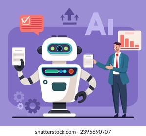 Businessman and robot with documents analyzing data. Vector illustration. Man in suit explaining robot how to help him manage information. Modern technology, artificial intelligence concept