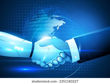 Businessman and a robot engaging in a handshake. Intersection of human expertise and technological advancement. Dynamic relationship between human ingenuity and AI innovation in various industries