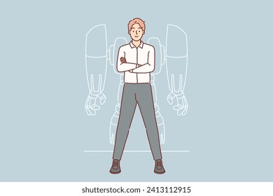 Businessman with robot exoskeleton stands with arms crossed and proud synergy with modern technology. Confident company manager with cyborg exoskeleton, for concept robotization business processes