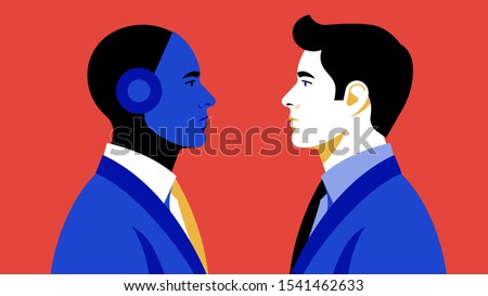 Businessman and the robot are facing each other. Concept of artificial intelligence in business-optimization, robotization, data processing. Vector illustration of cyborg and human.