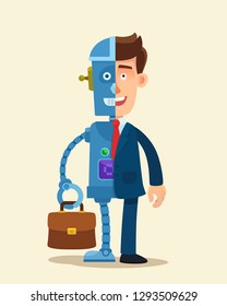 Businessman - robot. Half robot, half human. Business vector illustration, cartoon, flat.