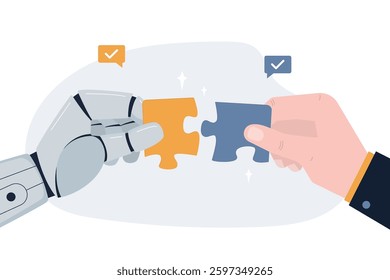 Businessman and robot hands collecting jigsaw puzzles look for business problem solution together. Humans and bot with AI work search for decisions. Collaboration, connection with new technologies.
