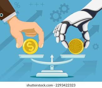 Businessman and robot hands put dollar and cryptocurrency coins on the scales. vector illustration