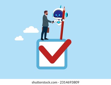 Businessman and robot handshake completed checkbox. Commitment, promise or agreement to deliver, trust on work responsibility. Flat vector illustration.