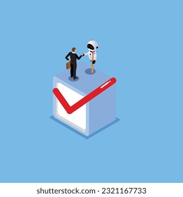 Businessman and robot handshake completed checkbox 3d vector illustration concept for banner, website, illustration, landing page, flyer, etc