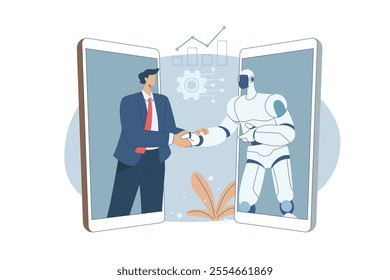 Businessman and robot handshake on smartphone screen, Robotic and human shaking hands, Online collaboration between humans and artificial intelligence, Technological advancement, vector design.
