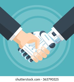 Businessman and robot handshake. Vector flat illustration