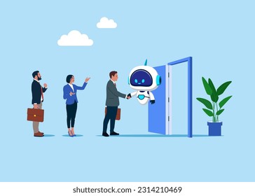 Businessman and robot handshake welcome and introduce new staff to team. Onboarding employee, warm welcome to new office, orientation training on first day. Vector illustration