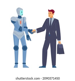 Businessman and robot handshaking concluding partnership agreement. Smart partner and robots for business, flat vector illustration isolated on white background.