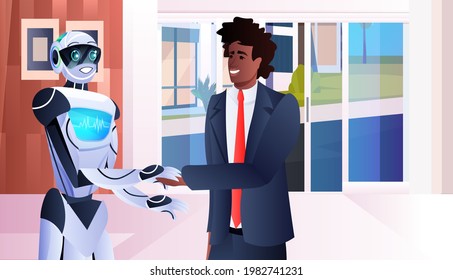 businessman and robot handshaking during meeting agreement partnership concept artificial intelligence
