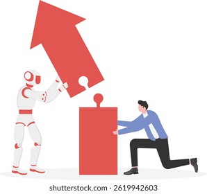 Businessman and Robot holding arrow jigsaw puzzle pieces

