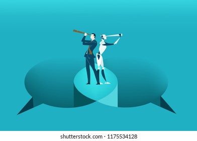 Businessman and robot integrating together and looking out to the different directions from the speech bubbles. Finding solution, working together, help and support concept business illustration. 