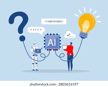 Businessman with Robot  on AI chip help solving problem with lightbulb idea. Artificial Intelligence, AI to help solving problem, innovation to develop idea, solution or automation, AI support or advice concept, 