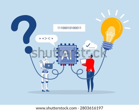 Businessman with Robot  on AI chip help solving problem with lightbulb idea. Artificial Intelligence, AI to help solving problem, innovation to develop idea, solution or automation, AI support or advice concept, 