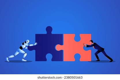 Businessman and a robot are pushing to match two jigsaw pieces. Representation of potential for AI to enhance planning and strategy in business