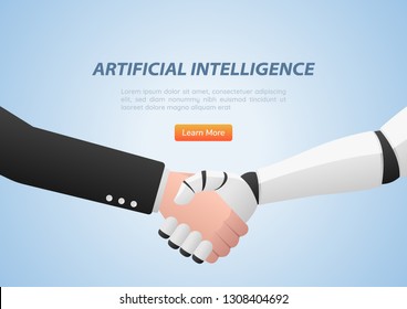 Businessman and robot shaking hands. Artificial intelligence and teamwork concept.