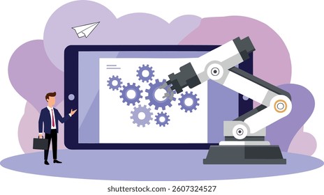 businessman and robotic arm manipulating gears on a tablet