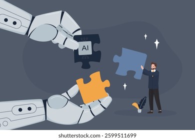 Businessman and robots collecting jigsaw puzzles look for business problem solution together. Human and bot with AI work search for decisions. Collaboration, connection with new technologies. vector