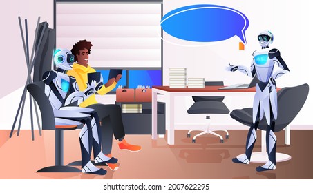 businessman and robots discussing during meeting chat bubble communication artificial intelligence technology