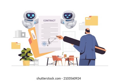 businessman and robots helpers working with paper documents sign up contract signature agreement artificial intelligence