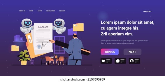 businessman and robots helpers working with paper documents sign up contract signature agreement artificial intelligence