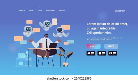 businessman with robots sitting lotus pose doing yoga exercise meditation relaxation artificial intelligence concept
