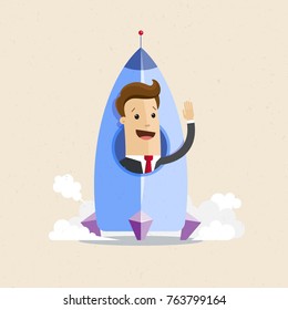 Businessman in a rocket. Business Start up concept. Vector flat illustration