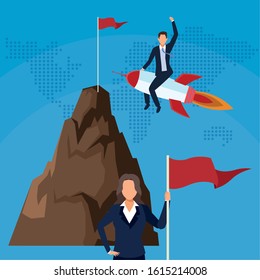 businessman in rocket businesswoman with mountain flag success start up business vector illustration