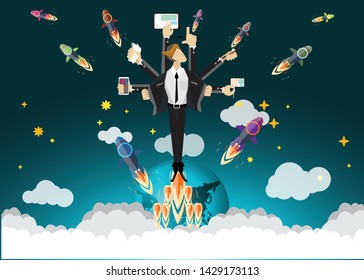 Businessman with  rocket Contact communicate Technique with,cellphone - creativity modern Idea and concept.