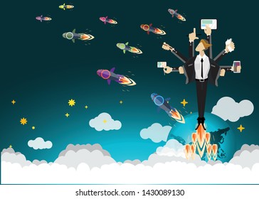 Businessman with  rocket Contact communicate Technique with,cellphone - creativity modern Idea and concept.