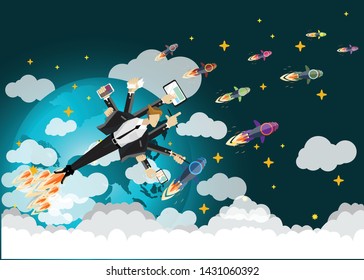 Businessman with  rocket Contact communicate Technique with,cellphone - creativity modern Idea and concept.