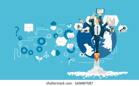 Businessman with  rocket Contact communicate Technique - creative illustration of business startup. icon business. style design  modern Idea and concept illustration.