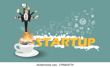 Empresario con cohete Contact Communication Technique - Café cup and Fire - ilustración creativa del inicio del negocio - ícono datos del plan de negocios - diseño de estilo moderno Idea e ilustración conceptual