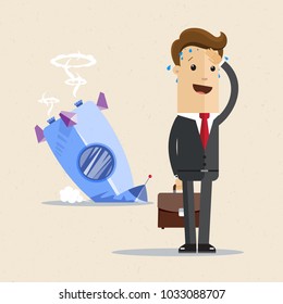 Businessman and rocket crash. Business failure, the rocket fell down.