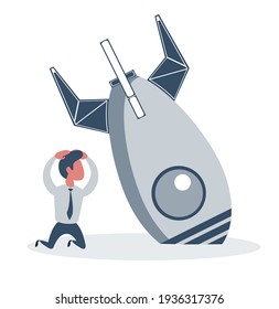 Businessman and rocket crashed. Business failure, the rocket fall down. Cartoon Vector Illustration