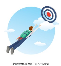 A businessman with rocket flying above clouds to the goal success achievement. Vector of leadership concept