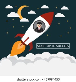Businessman in the rocket flying to the  sky at night that show the concept of success in start up business vector background design
