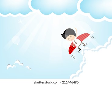 Businessman rocket flying the sky.,Blue Valentine's Day background.