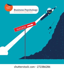 Businessman with rocket flying towards the mountain of success. Vector illustration Eps10 file. Global colors. Text and Texture in separate layers.