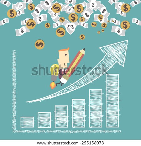 Businessman with a rocket go to succes charting a positive trend graph. Vector illustration Eps10 file.Idea go to success concept