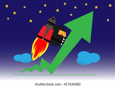 Businessman with rocket up high stock or graph.
Business vector illustration cartoon character abstract concept.