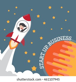 Businessman in the rocket launching to the space; flat design concept for start up business