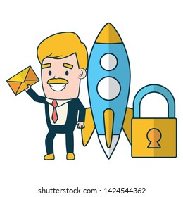 businessman rocket padlock envelope send email vector illustration