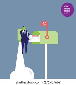 Businessman with rocket putting a marketing email on a mailbox. Vector illustration Eps10 file. Global colors&layers.